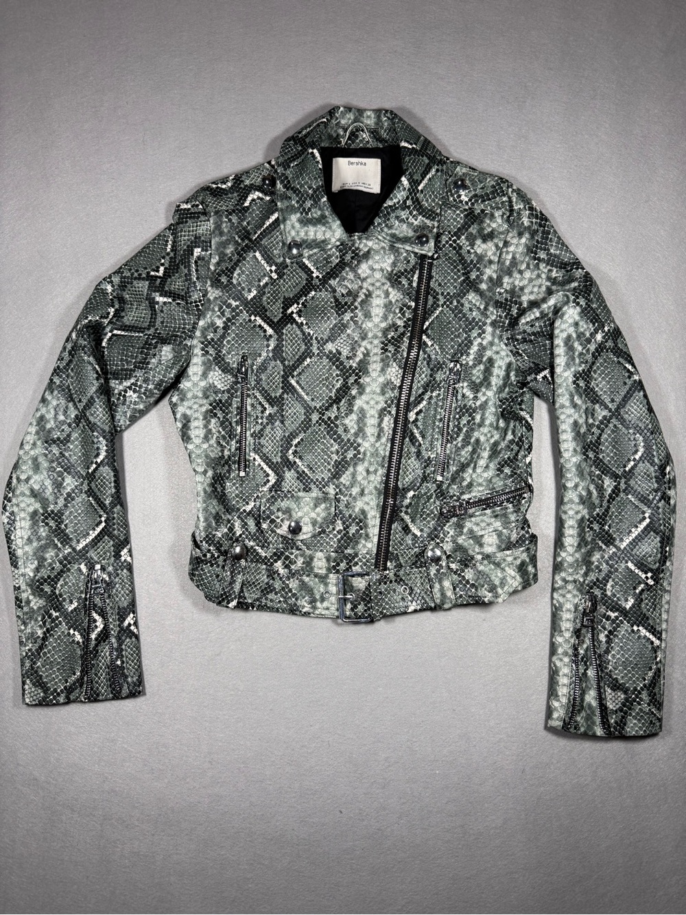 Bershka Snake-Print Green Cropped Moto Jacket